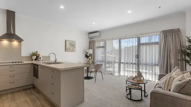 Te Puke -one bed apartment lounge and kitchen 