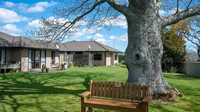 Redwood - tree, bench and villa exterior 